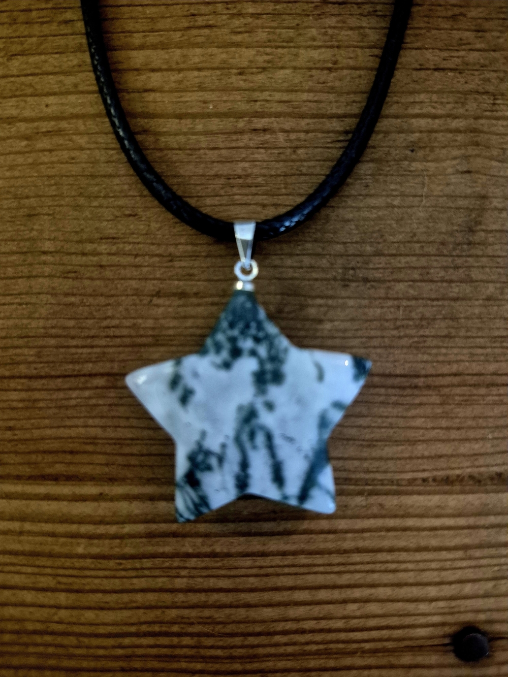 Star-Shaped Moss Agate Pendant Necklace - White & Green- Leather Cord